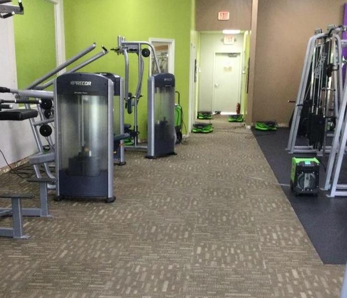 gym with green air movers placed around equipment 