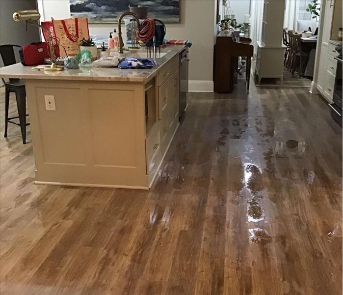 kitchen with wood laminate flooring with standing water 
